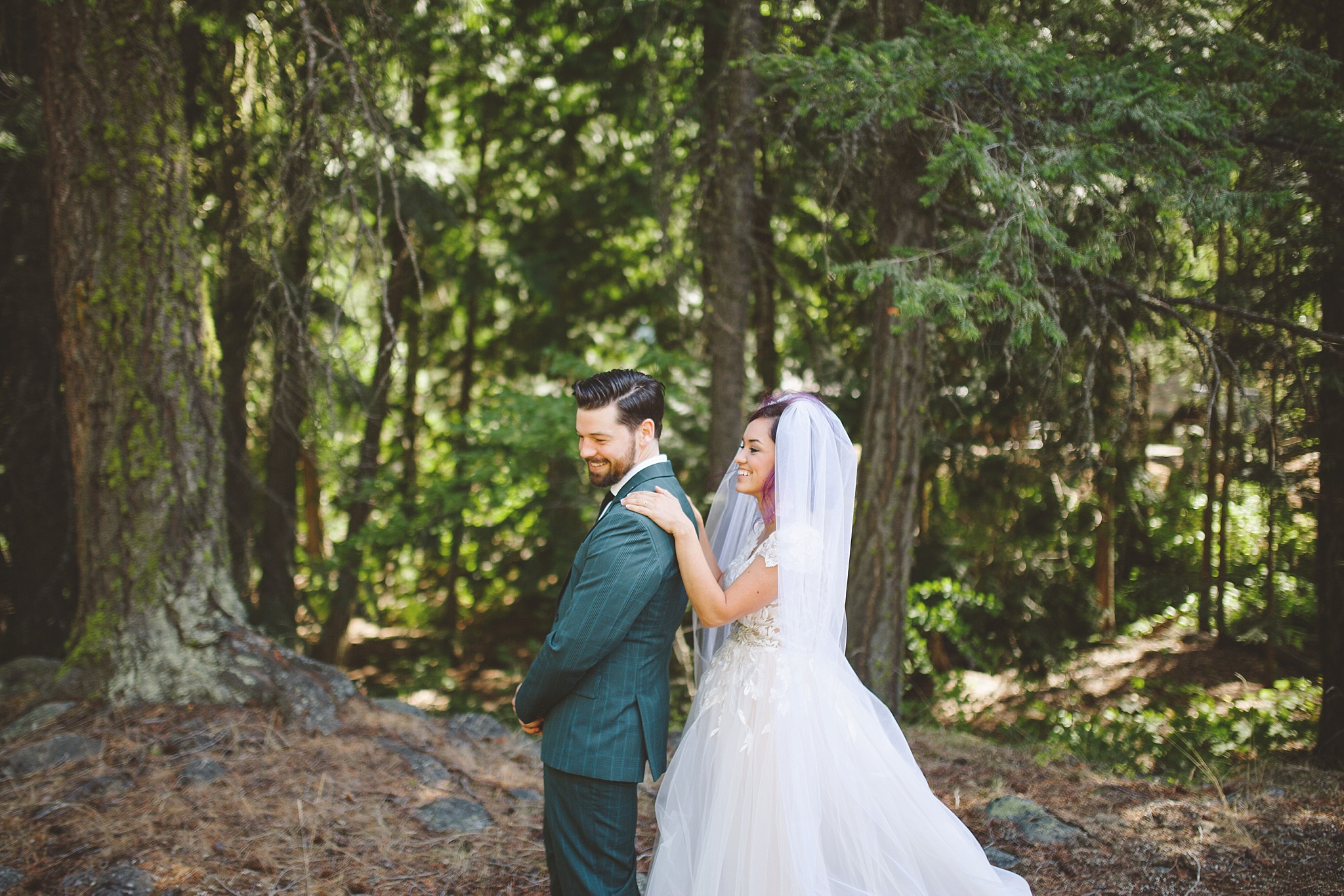 first look for outdoor mountain wedding