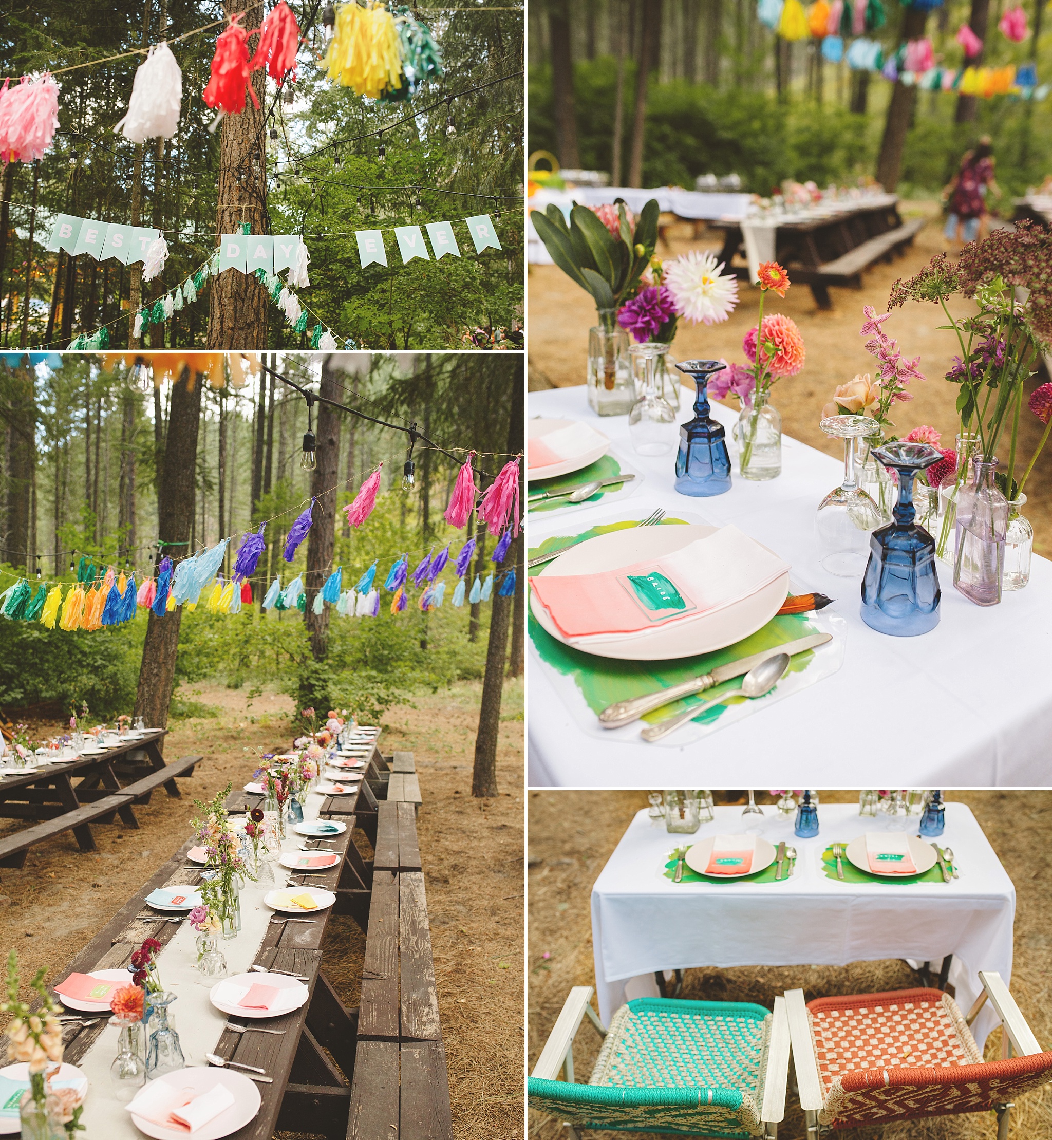 colorful wedding details for reception in the woods